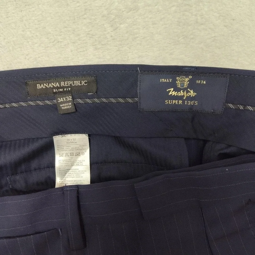Banana Republic Pants Men 34x32 Blue Striped Marzotto 130s Wool Dress Slack HOLE